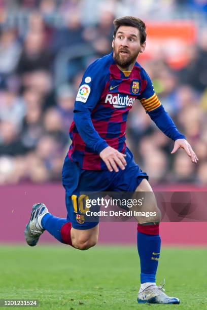 Lionel Messi of FC Barcelona looks on during the Liga match between FC Barcelona and Getafe CF at Camp Nou on February 15, 2020 in Barcelona, Spain.