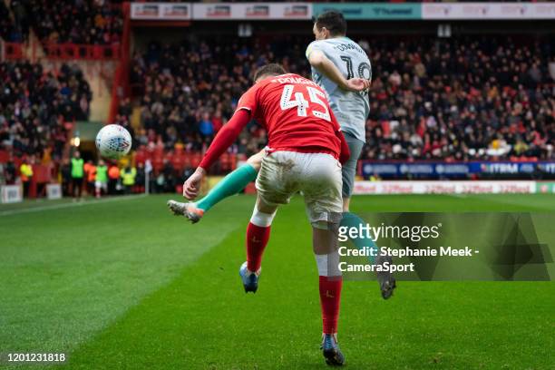 Charlton Athletic's Alfie Doughty holds off the challenge from Blackburn Rovers' Stewart Downing during the Sky Bet Championship match between...