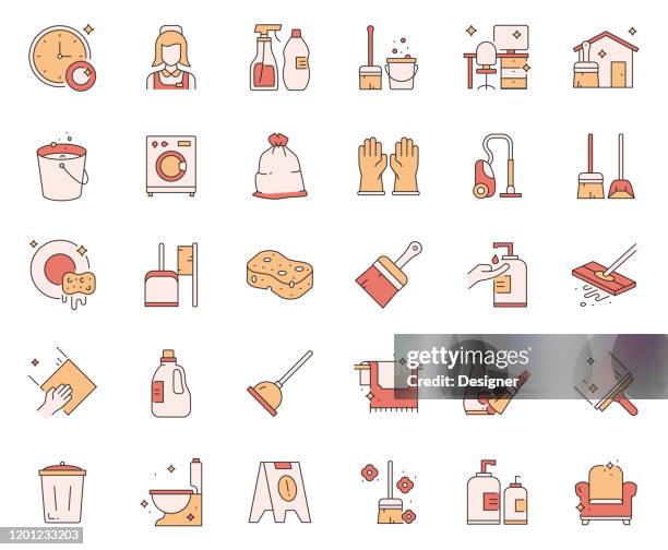 einfache menge von reinigung verwandte vektor linie icons. gliederungssymbolsammlung. - housework stock-grafiken, -clipart, -cartoons und -symbole