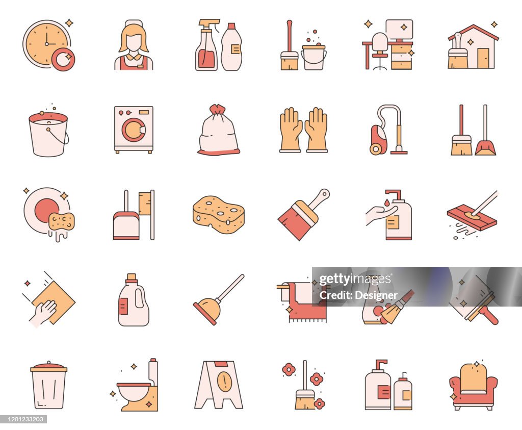 簡單的清潔相關向量線圖示集。大綱符號集合。