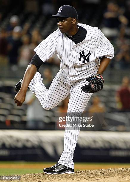 Rafael Soriano of the New York Yankees delivers a pitch against the Baltimore Orioles in the ninth inning on July 30, 2011 at Yankee Stadium in the...