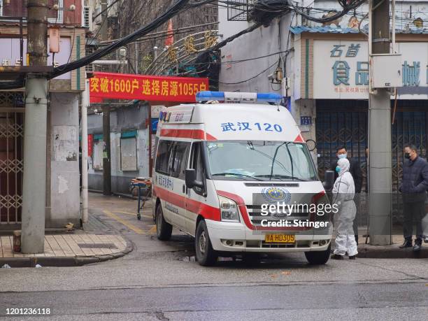 An ambulance responds to a sick person on January 22, 2020 in Wuhan, China. The cause of the person's illness is as of yet unknown. A new infectious...