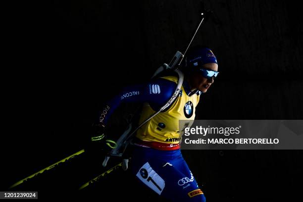 Italy's Dorothea Wierer competes in the IBU Biathlon World Cup 10 km Women's pursuit in Rasen-Antholz , Italian Alps, on February 16, 2020.