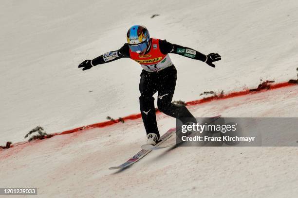 Taku Takeuchi of Japan competes during on FIS Ski Flying World Cup Tauplitz/Bad Mitterndorf event at Skiflugschanze Kulm on February 16, 2020 in Bad...