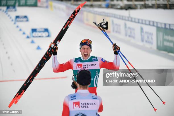 Pal Golberg of Norway reacts after winning the Men's 15km Pursuit event during the FIS Cross-Country World Cup Ski Tour 2020, in Ostersund, Sweden,...