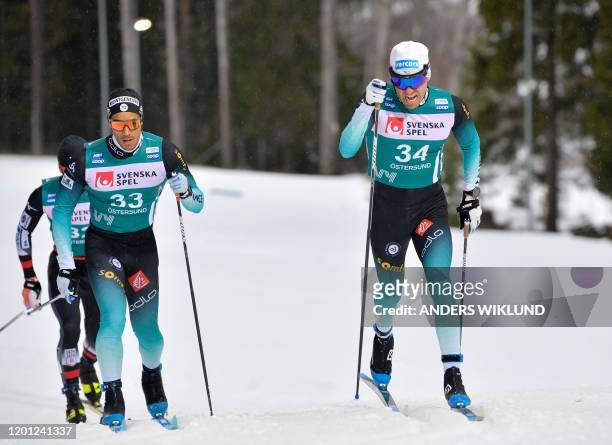 Richard Jouve of France and Maurice Manificat of France compete during the Men's 15km Pursuit event during the FIS Cross-Country World Cup Ski Tour...
