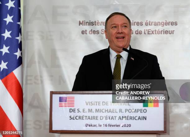 Secretary of State Mike Pompeo talks during a press conference with Senegal's Foreign minister at the Presidential Palace in Dakar on February 16 as...