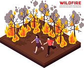 isometric natural disaster fire illustration