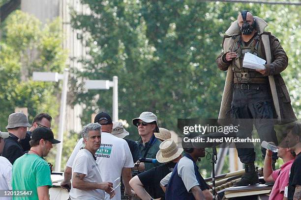 Actor Tom Hardy, who plays the villian Bane, is seen on the set of "The Dark Knight Rises" filming near the Carnegie Mellon University Software...