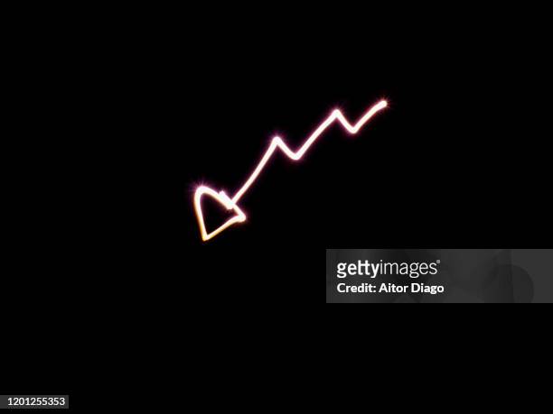 drawing of an arrow pointing down. it is a period of economic crisis. - germany lowers economic growth forecast stock-fotos und bilder
