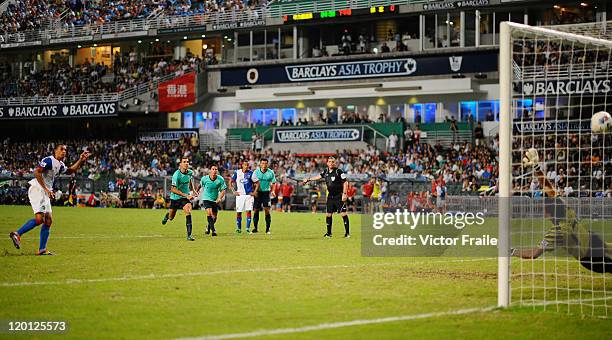 Nick Blackman of Blackburn Rovers scores a penalty shoot against Kitchee during the Asia Trophy pre-season friendly match at the Hong Kong Stadium on...