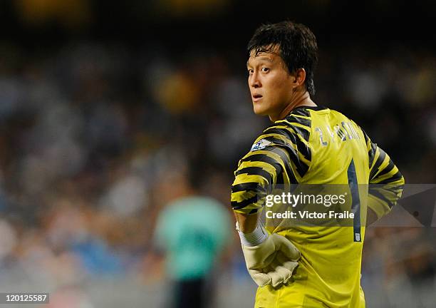 Mark Bunn of Kitchee in action against Blackburn Rovers during the Asia Trophy pre-season friendly match at the Hong Kong Stadium on July 30, 2011 in...