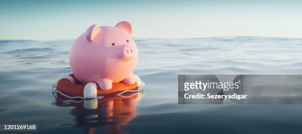 piggy bank on lifebuoy, 3d render - emergencies and disasters stock pictures, royalty-free photos & images