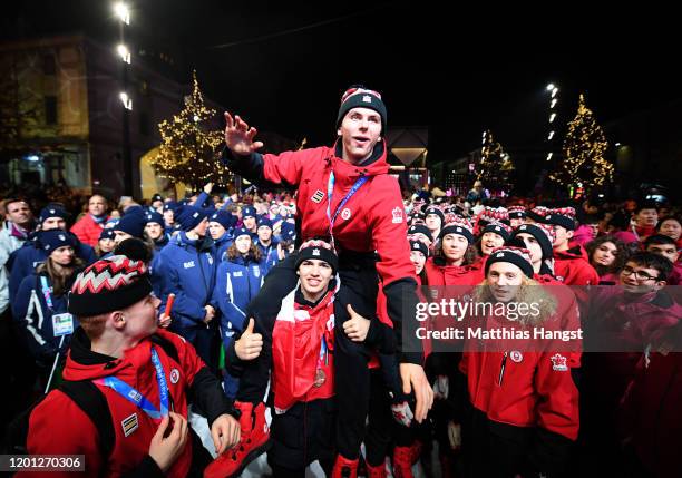 Athletes of Canada enjoy the atmosphere during the closing ceremony on day 13 of the Lausanne 2020 Winter Youth Olympics on January 22, 2020 in...