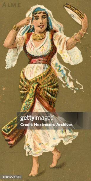 Collectible tobacco card from 1889 of traditional dances from across the world, titled National Dances distributed by American tobacco manufacturer,...