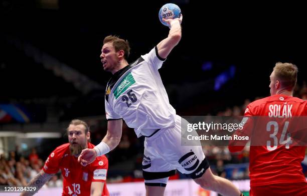 Kai Haefner of Germany in action during the Men's EHF EURO 2020 main round group I match between Czech Republic and Germany at Wiener Stadthalle on...