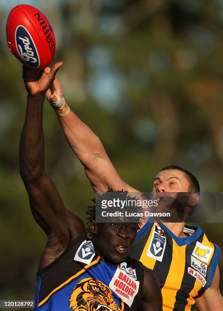 Majak Daw of the Tigers and Michael Gardiner of the Zebras contest in the ruck during the round 18 VFL match between Sandringham and Werribee at...
