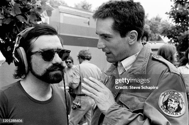 American director Martin Scorsese and actor Robert De Niro during the filming of 'Taxi Driver,' New York, New York, 1975.