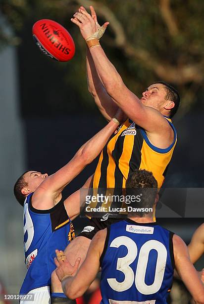 Michael Gardiner of the Zebras attempts a mark during the round 18 VFL match between Sandringham and Werribee at Trevor Barker Beach Oval on July 31,...
