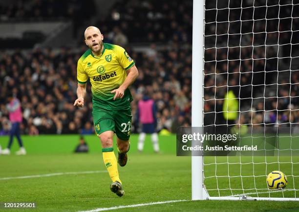 Teemu Pukki of Norwich City celebrates after scoring his team's first goal during the Premier League match between Tottenham Hotspur and Norwich City...