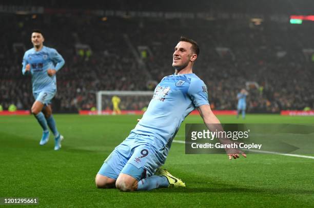 Chris Wood of Burnley celebrates after scoring his team's first goal during the Premier League match between Manchester United and Burnley FC at Old...