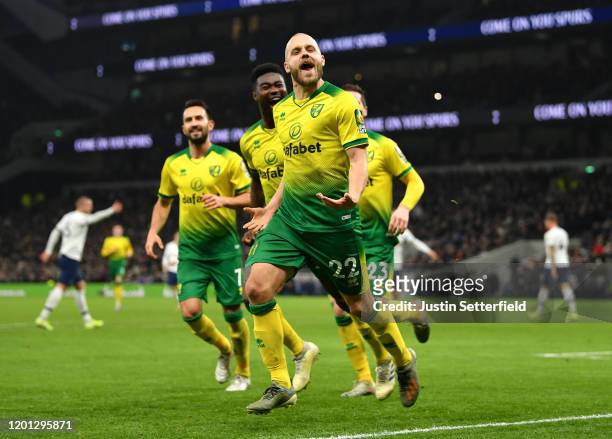 Teemu Pukki of Norwich City celebrates after scoring his team's first goal during the Premier League match between Tottenham Hotspur and Norwich City...