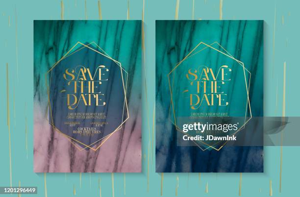 wedding invitation design template set with save the date typography design on marble texture with gold line art - green marble texture stock illustrations