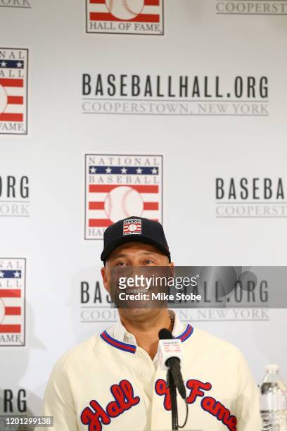 Derek Jeter speaks to the media after being elected into the National Baseball Hall of Fame Class of 2020 on January 22, 2020 at the St. Regis Hotel...
