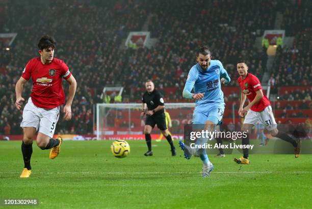 Jay Rodriguez of Burnley scores his team's second goal during the Premier League match between Manchester United and Burnley FC at Old Trafford on...