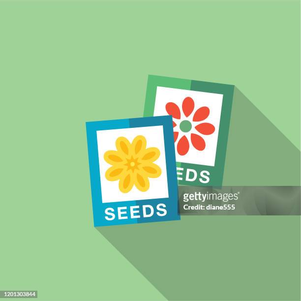 cute gardening icon with long shadow seed packet - seed packet stock illustrations