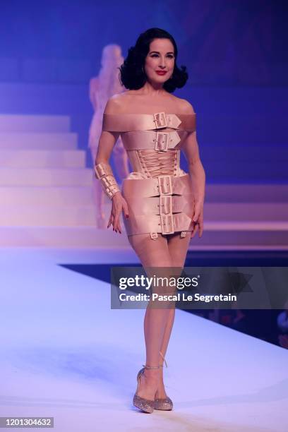 Dita Von Teese walks the runway during the Jean-Paul Gaultier Haute Couture Spring/Summer 2020 show as part of Paris Fashion Week at Theatre Du...