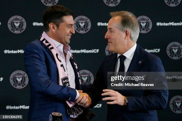 Managing owner Jorge Mas of Inter Miami CF introduces Diego Alonso as the new head coach during a press conference at the Rusty Pelican on January...