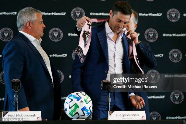 Managing owner Jorge Mas of Inter Miami CF introduces Diego Alonso as the new head coach during a press conference at the Rusty Pelican on January...