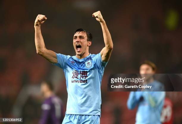 Jack Cork of Burnley celebrates victory after the Premier League match between Manchester United and Burnley FC at Old Trafford on January 22, 2020...