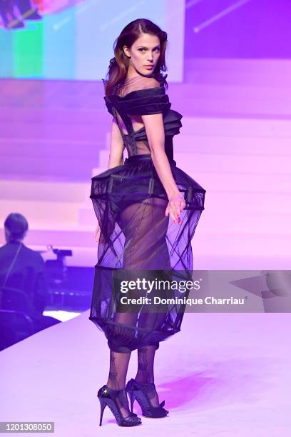 Iris Mittenaere walks the runway during the Jean-Paul Gaultier Haute Couture Spring/Summer 2020 show as part of Paris Fashion Week at Theatre Du...