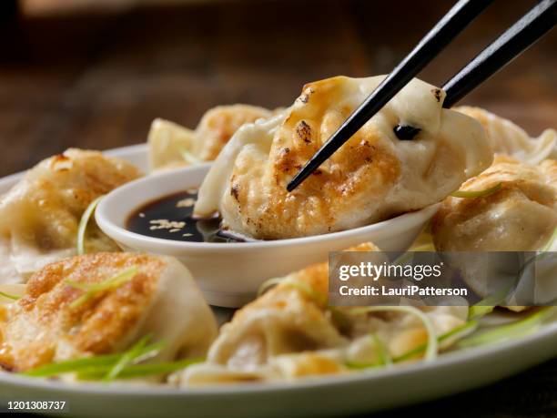 pan fried asian pork dumplings with soy sauce and green onions - fried dough stock pictures, royalty-free photos & images