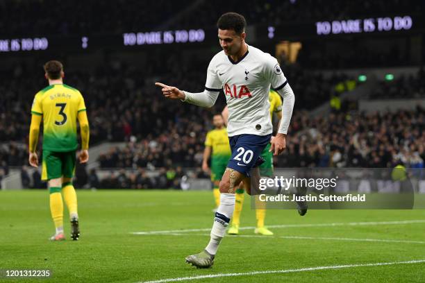 Dele Alli of Tottenham Hotspur celebrates after scoring his team's first goal during the Premier League match between Tottenham Hotspur and Norwich...