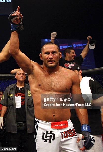 Dan Henderson celebrates after defeating Fedor Emelianenko by TKO in a heavyweight fight at the Strikeforce event at Sears Centre Arena on July 30,...