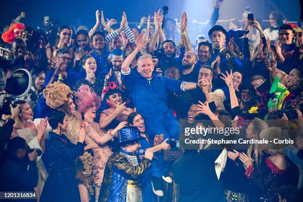 Jean Paul Gaultier walks the runway during the Jean-Paul Gaultier Haute Couture Spring/Summer 2020 show as part of Paris Fashion Week at Theatre Du...