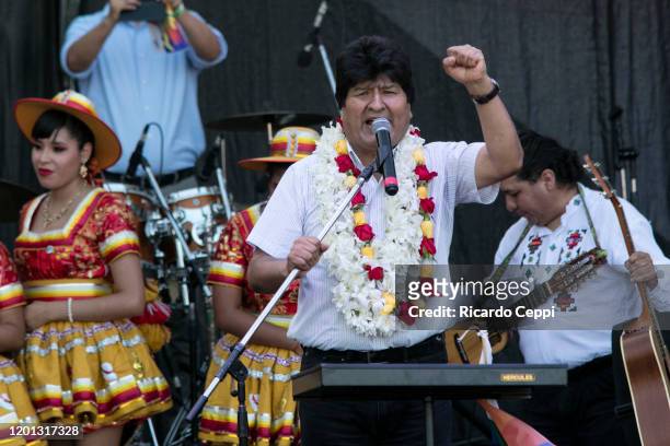 Former president of Bolivia Evo Morales speaks during an event to celebrate the 14th anniversary of the Plurinational Republic of Bolivia at Nueva...