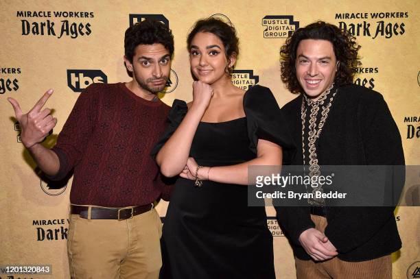 Karan Soni, Geraldine Viswanathan and Jon Bass attend "Miracle Workers: Dark Ages" premiere And MEADia event at Houston Hall on January 22, 2020 in...