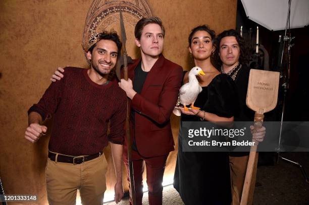 Karan Soni, Dylan Sprouse, Geraldine Viswanathan and Jon Bass pose in the photo booth during the "Miracle Workers: Dark Ages" premiere And MEADia...