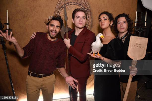 Karan Soni, Dylan Sprouse, Geraldine Viswanathan and Jon Bass pose in the photo booth during the "Miracle Workers: Dark Ages" premiere And MEADia...