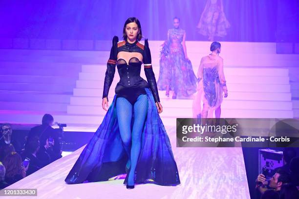 Morgane Dubled walks the runway during the Jean-Paul Gaultier Haute Couture Spring/Summer 2020 show as part of Paris Fashion Week at Theatre Du...