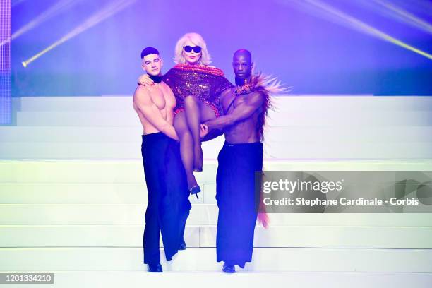 Basil, Amanda Lear and Patrick Mombruno walk the runway during the Jean-Paul Gaultier Haute Couture Spring/Summer 2020 show as part of Paris Fashion...