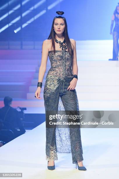 Model walks the runway during the Jean-Paul Gaultier Haute Couture Spring/Summer 2020 show as part of Paris Fashion Week at Theatre Du Chatelet on...