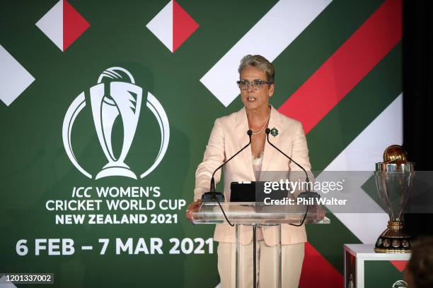 Women’s Cricket World Cup Chair, Liz Dawson speaks during the ICC Women's Cricket World Cup 2021 Venue Announcement at Kohimarama Yacht Club on...