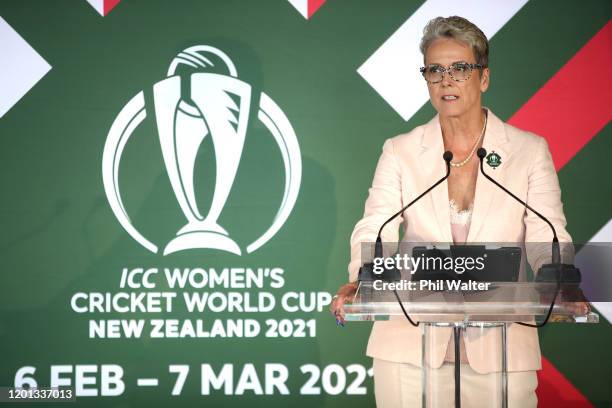 Women’s Cricket World Cup Chair, Liz Dawson speaks during the ICC Women's Cricket World Cup 2021 Venue Announcement at Kohimarama Yacht Club on...