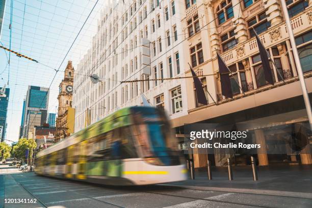 tram in bourke st mall, melbourne - tram stock pictures, royalty-free photos & images