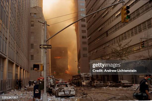 The streets of downtown New York are covered in debris after both World Trade Towers collapsed from a terrorist attack on September 11, 2001 in New...